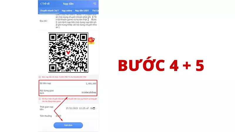 Bước 4 + 5 nạp tiền Sodo66 bằng hình thức chuyển nhanh 24/7